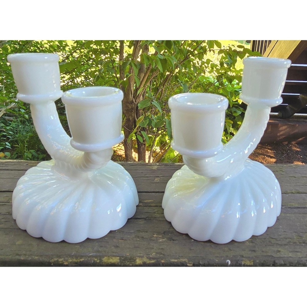 Fenton Vintage Milk Glass Double Candlestick Holder Swirl Ribbed Patternโ Set